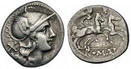 ANÓNIMO. Denario. Sur de Italia (200-190 a.C.). R/ Los dióscuros a caballo a der. FFC-7. SB-2. MBC-.