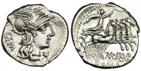 ABURIA. Denario. Roma (132 a.C.). R/ Sol con látigo en cuádriga a der.; debajo, M. ABURI; en el exergo, ROMA. FFC-88. SB-6. EBC+.