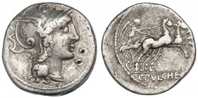 CLAUDIA. Denario. Roma (110-109 a.C.). R/ C. PVLCHER. FFC-565. SB-1. Contramarcas en anv. BC+.