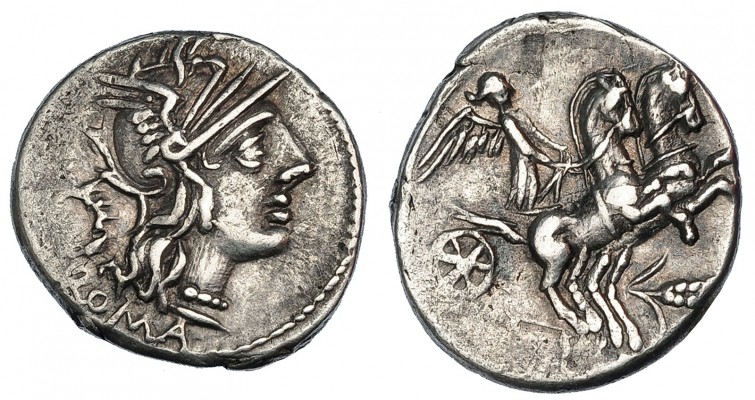 CLOULIA. Denario. Roma (128 a.C.). A/ Marca: corona. R/ T. CLOVLI en el exergo. ...