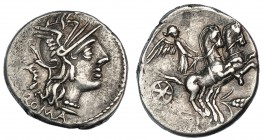 CLOULIA. Denario. Roma (128 a.C.). A/ Marca: corona. R/ T. CLOVLI en el exergo. FFC-572. SB-1. MBC.