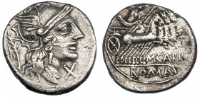 PAPIRIA. Denario. Roma (121 a.C.). A/ Marca: Rama de laurel. R/ M. CARBO. FFC-959. SB-6. MBC-.