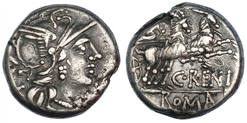 RENIA. Denario. Roma (138 a.C.). FFC-1088. SB-1. Defecto de cospel. MBC.