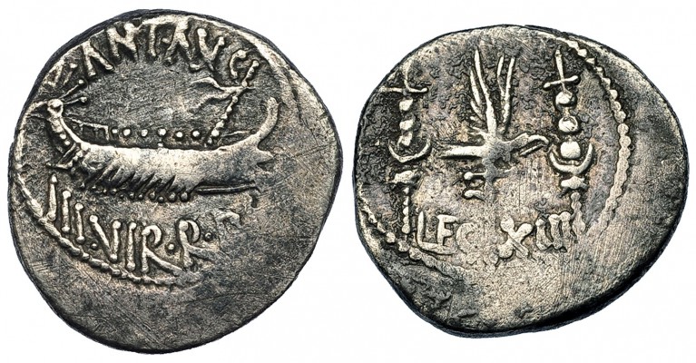 MARCO ANTONIO. Denario. Ceca Volante (32-31 a.C.) A/ Galera pretoriana a der. R/...