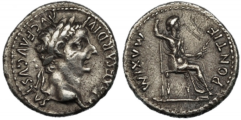 TIBERIO. Denario. Lugdunum (36-37 d.C.). A/ Busto laureado a der. R/ Livia senta...