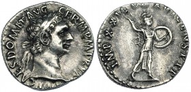 DOMICIANO. Denario. Roma (95-96). R/ Minerva de pie a izq. con haz de rayos y lanza. RIC-763. Pequeñas marcas. MBC.