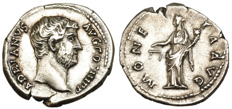 ADRIANO. Denario. Roma (134-138). R/ La Moneda a izq. RIC-256. SB-963. Grieta. M...