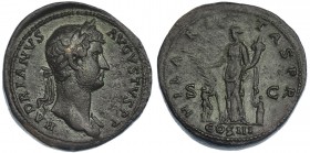 ADRIANO. Sestercio. Roma (128-132). A/ Busto laureado a der. y drapeado sobre el hombro izq. R/ HILARITAS P. R., S.C.; en el exergo: COS III. RIC-970....