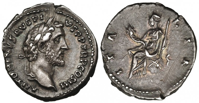 ANTONINO PÍO. Denario. Roma (140-143). R/ Italia torreada y sentada sobre globo ...