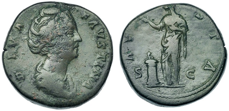 FAUSTINA MADRE (Esposa de Antonino Pío). Sestercio. Roma (141). R/ Vesta sacrifi...