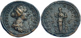 FAUSTINA HIJA (esposa de Marco Aurelio). Sestercio. Roma (160-161). A/ FAVSTINA AVGVSTA. R/ La Fecundidad entre dos niñas, en sus brazos, dos recién n...