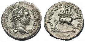CARACALLA. Denario. Roma (209-210). A/ Busto laureado a der. R/ Caracalla a caballo a izq. lanzando jabalina a soldado caído. RIC-113. CH-468. MBC+.