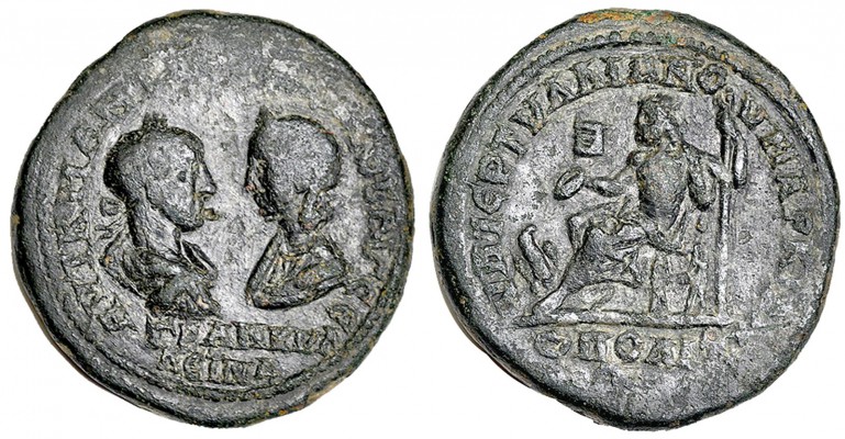 GORDIANO III Y TRANQUILINA. AE 26. Moesia. Marcianópolis. R/ Zeus entronizado a ...