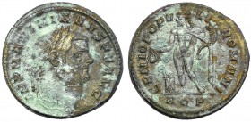 MAXIMIANO. Follis. Aquileia (299). R/ GENIO POPVLI ROMANI; en el exergo: AQP. RIC-27b. Pátina verde claro irregular. MBC+. Ex Colección Dattari.