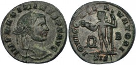 MAXIMINO II. Follis. Siscia (312). Marcas: corona y B en el campo; SIS en el exergo. RIC-227b. Grieta. MBC+/MBC.