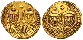 LEON IV Y CONSTANTINO VI. Sólido. Constantinopla (776-778). R/ Los fallecidos León III y Constantino V. AU 4,41 g. SBB-1583. Soldadura en canto. MBC....