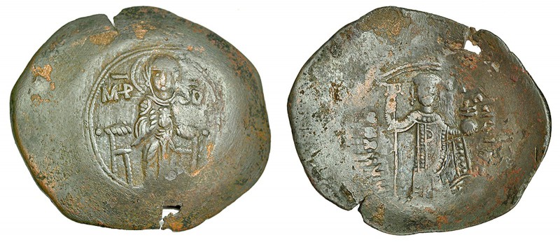 MANUEL I. Aspron trachy. Constantinopla (1143-1180). A/ Virgen entronizada con a...