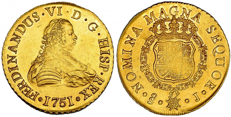 8 escudos. 1751. Santiago. J. VI-632. Leve acuñación floja. Pequeñas marcas. SC....