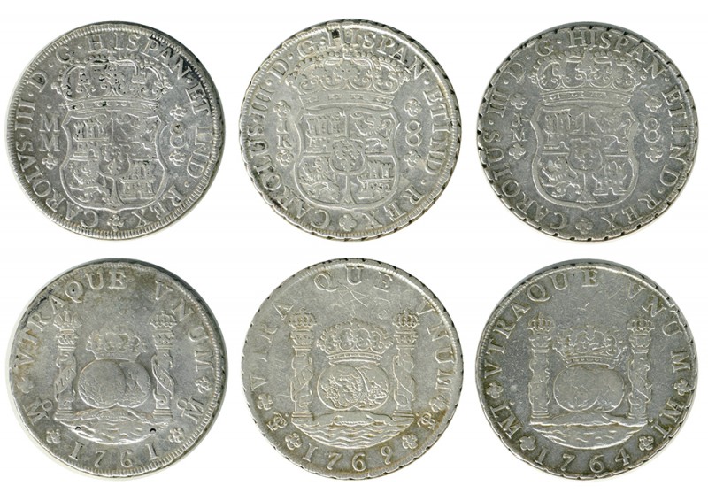 Lote de 3 monedas de 8 reales. 1761. México; 1764. Lima; 1769. Potosí. BC+/MBC....