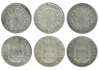 Lote de 3 monedas de 8 reales. 1761. México; 1764. Lima; 1769. Potosí. BC+/MBC.