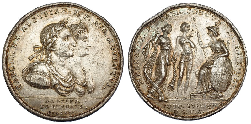 Medalla. 1802. Conmemorativa del viaje de los reyes a Barcelona. AR 46,5 mm. Gra...