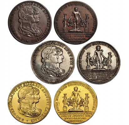 Lote de 3 medallas de coronación. Boda de Fernando VII e Isabel de Portugal, 181...
