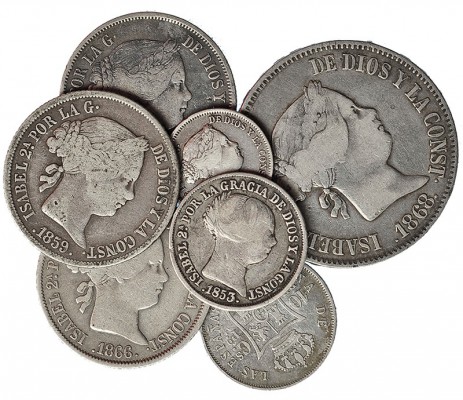 Lote de 7 monedas de plata. Manila: 50, 20 y 10 centavos de peso. 1868; Madrid: ...