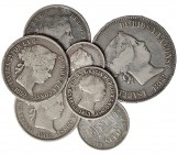 Lote de 7 monedas de plata. Manila: 50, 20 y 10 centavos de peso. 1868; Madrid: 4 reales. 1859. 40 céntimos de escudo. 1866 y un real. 1859; Sevilla: ...