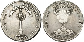 Resello de Manila. Y·II· coronada, sobre un peso 1834. Santiago de Chile. IJ. VI-p.462. Pequeña grieta. MBC.
