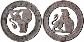 10 céntimos. 1870. Barcelona. Calada perfilando la figura del león rampante y escudo. MBC+.