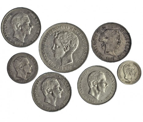 Lote de 9 piezas. Isabel II: 50 centavos de peso. 1868. Manila. VI-555; Alfonso ...
