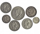 Lote de 9 piezas. Isabel II: 50 centavos de peso. 1868. Manila. VI-555; Alfonso XII: 10 centavos de peso. 1885. Manila. VII-56; 20 centavos de peso. 1...