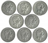 Lote de 8 monedas de 50 centavos de peso. Manila. 1885. VII-80. Conservación media EBC-.