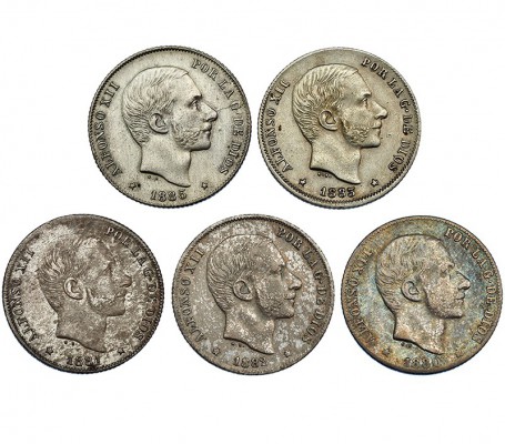 Lote de 5 piezas de 20 centavos de peso. 1880, 81, 82, 83 y 85. Manila. MBC-/MBC...