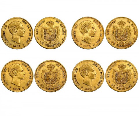 Lote de cuatro monedas de 10 pesetas. 1878*18-78. Madrid. EMM. VII-97. MBC-/MBC.