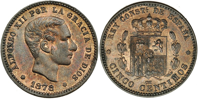 5 céntimos. 1878. Barcelona. OM. VII-43. R.B.O. EBC.