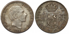 10 centavos de peso. 1881. Manila. VII-52. Pequeñas marcas. MBC-.