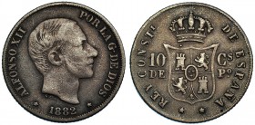 10 centavos de peso. 1882. Manila. VII-53. BC+.