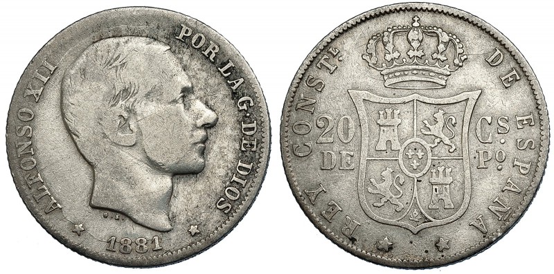 20 centavos de peso. 1881. Manila. VII-65. BC+.