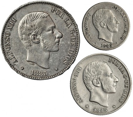 Lote de 3 piezas de Alfonso XII. 50, 20 y 10 centavos de peso. 1885. Manila. MBC...