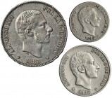 Lote de 3 piezas de Alfonso XII. 50, 20 y 10 centavos de peso. 1885. Manila. MBC+.