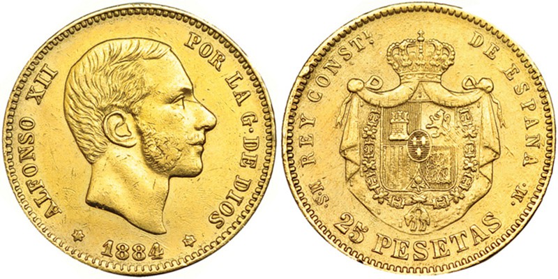 25 pesetas. 1884*18-84. México. MSM. VII-113. Pequeñas marcas. MBC+.