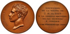 Medalla conmemorativa de la visita a la F.N.M.T. 1904. AE 50mm. Grabador: B. Maura. MPN-1142 vte. Pequeñas marcas. B.O. SC.