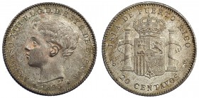 20 centavos de peso. 1895. Puerto Rico. PGV. VII-170. Pátina gris. EBC.
