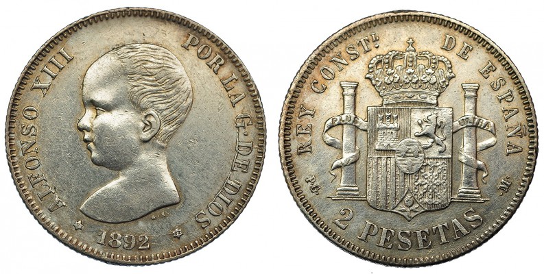 2 pesetas. 1892*18-92. Madrid. PGM. VII-173. EBC-.