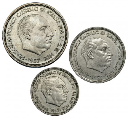 Lote de 3 piezas. 50, 25 y 5 pesetas. 1957 * BA. Barcelona. VII-422. MBC+/EBC-.