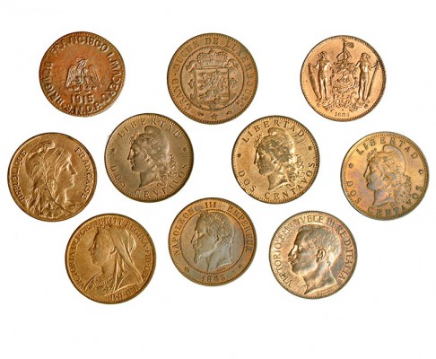 Lote de 10 monedas de cobre, tamaño penique. Argentina (3); Borneo; Francia (2),...