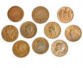 Lote de 10 monedas de cobre, tamaño penique. Argentina (3); Borneo; Francia (2), Gran Bretaña, Italia, Luxemburgo y México. 1860-1915. R.B.O. MBC+/EBC...