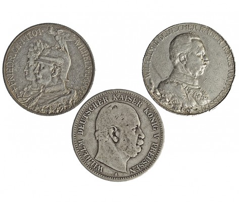 ESTADOS ALEMANES. Lote de 3 monedas de 2 marcos. 1876, 1901 y 1913. BC+/MBC+.
