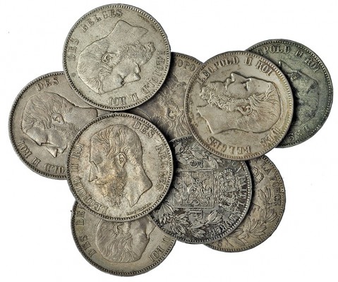 BÉLGICA. Lote de 9 monedas de 5 francos. 1867; 1868; 1869; 1870; 1871; 1873; 187...